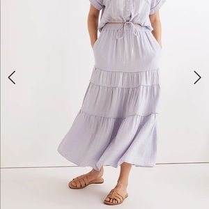 Linen-Blend Pull-On Tiered Maxi Skirt in Stripe-Play